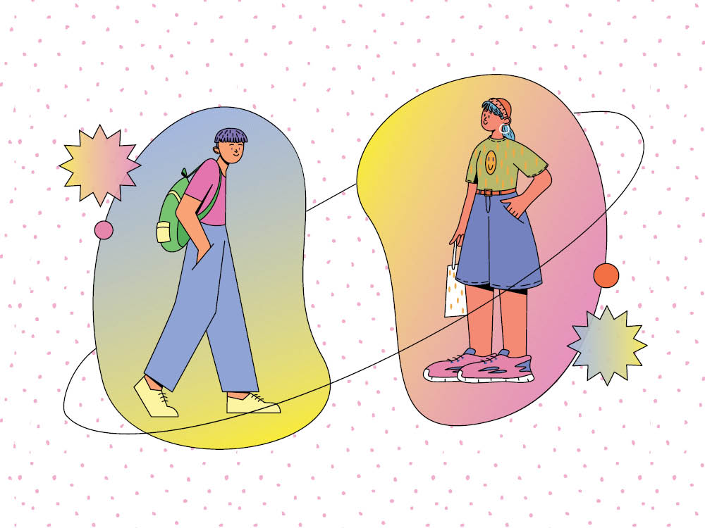 Cartoon people inside colourful bubbles