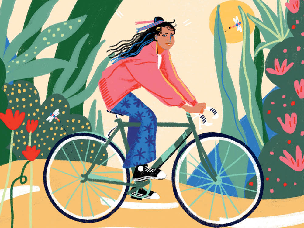 illustration of a teenage girl riding her bike