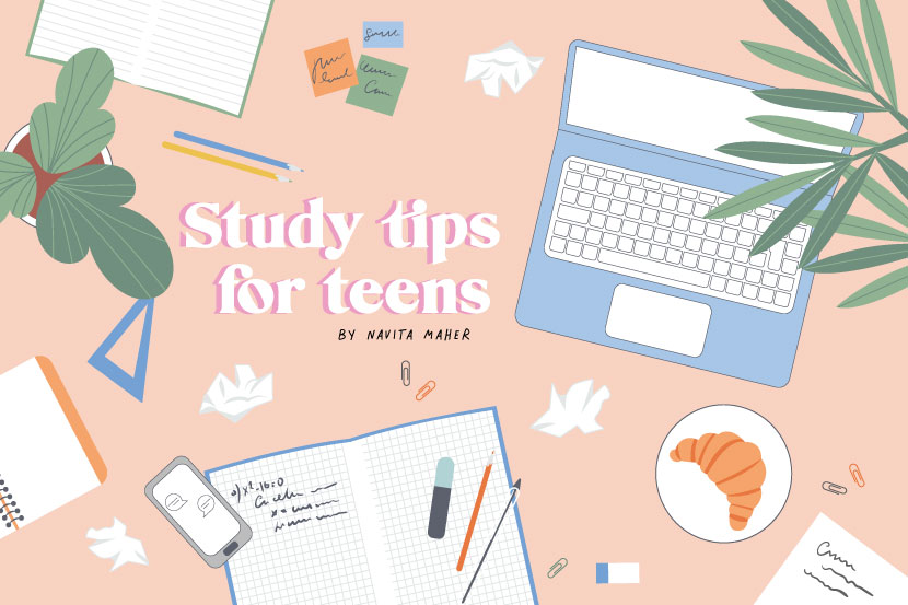 Study tips for students, laptops, books, pens, mindfulness